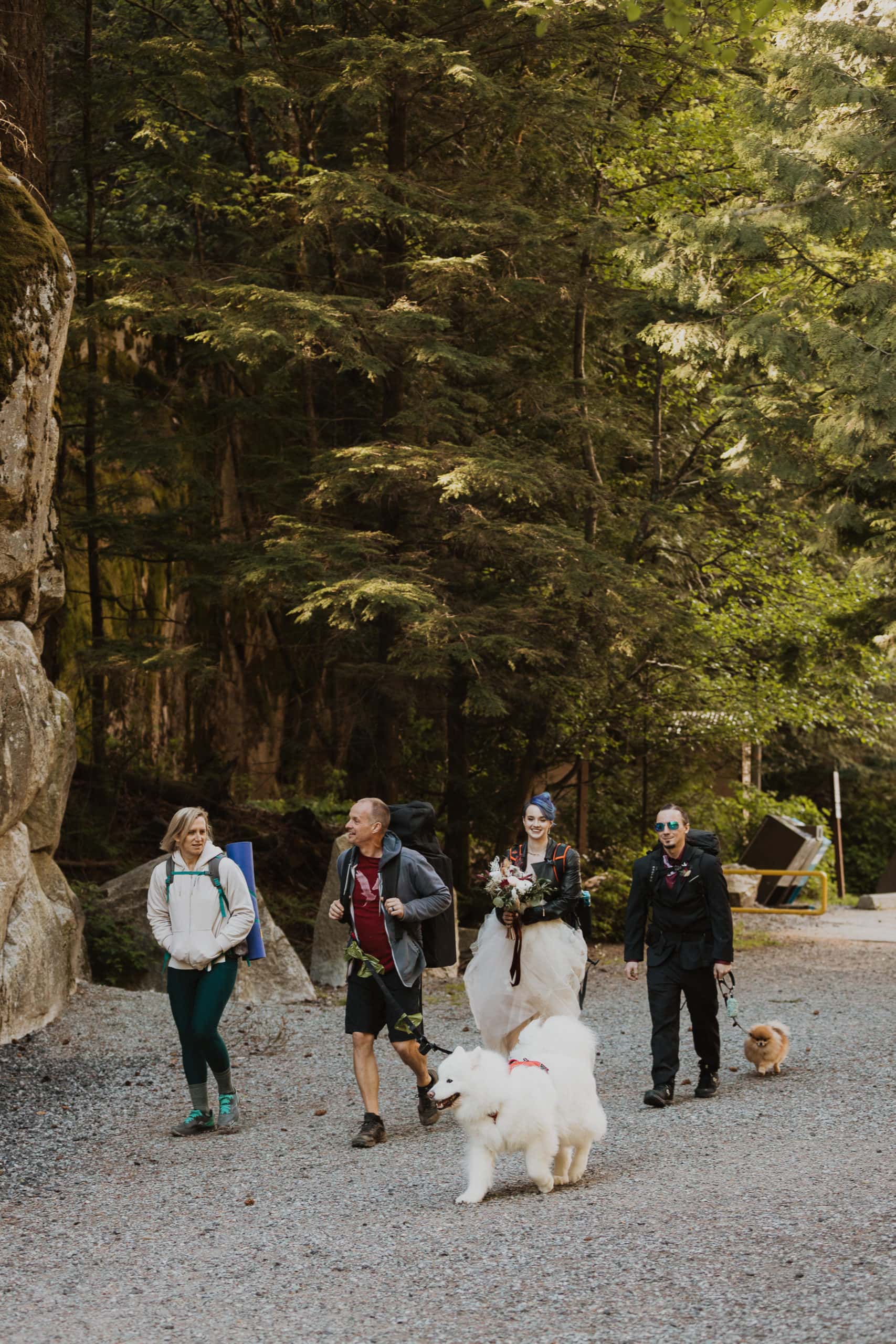 a couple and their family hiking up to a mountain peak for their BC elopement